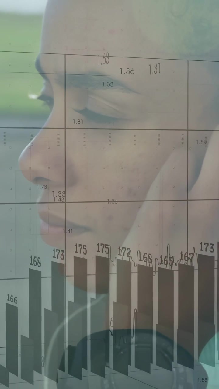 Video verticale: Mano che tocca la bocca avviando grafici mentre una donna si sistema l'auricolare, visualizzando dati.