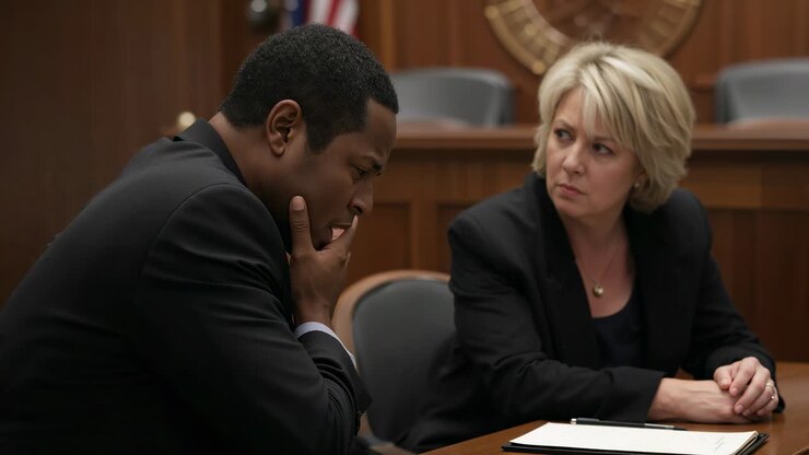 Pausing suit-clad client inspecting ring and explaining to lawyer at court table, pad