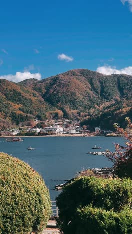 autumn scenery of a japanese lakeside village