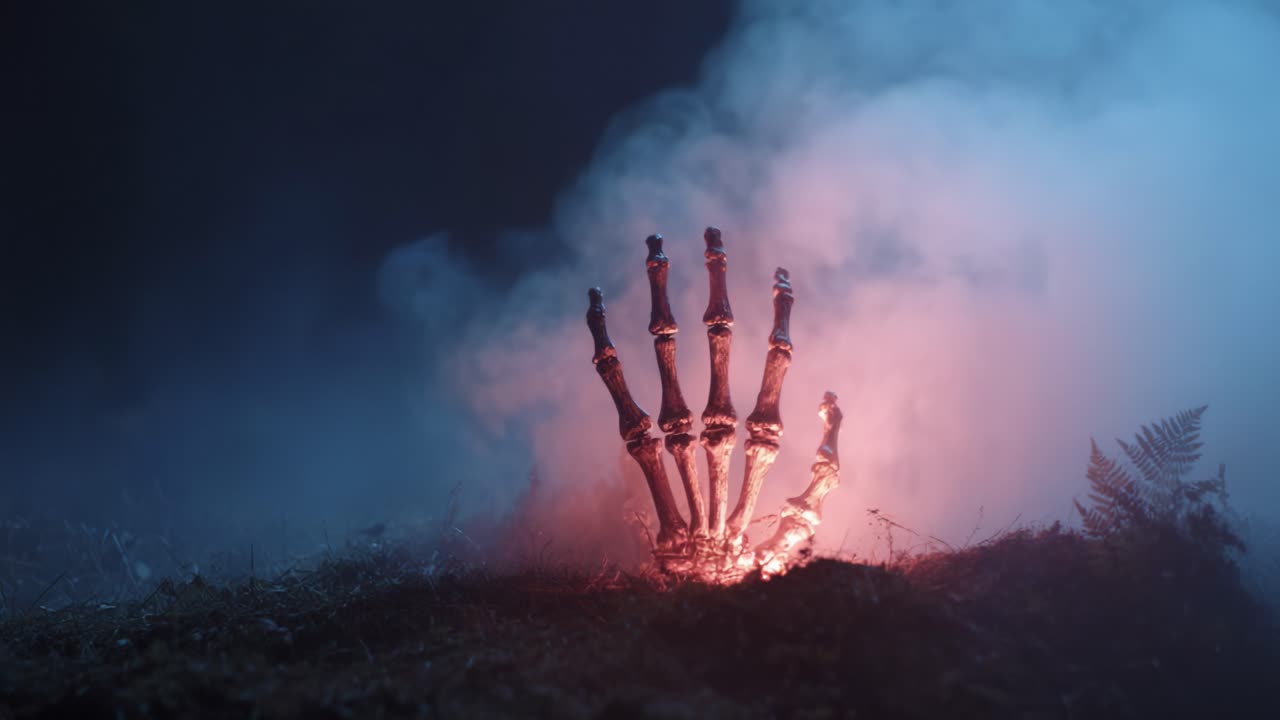 A Mystical Skeleton Hand Emerges from the Ground, Shrouded in Smoke and Illumination, Evoking a Sense of Mystery and the Supernatural in the Dark Forest Environment