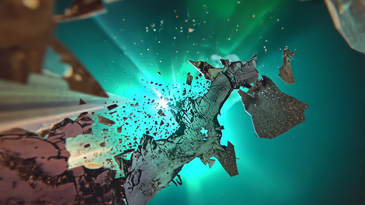 Drifting fractured metallic structure cracking and sending shards in teal gradient, bright light