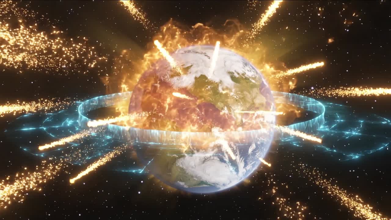地球に衝突する隕石、集中する爆発が軌跡を送り出し、青いリングがテクノロジーの幕となる。