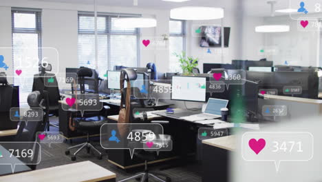 social media engagement animation over modern office workspace with computers and chairs