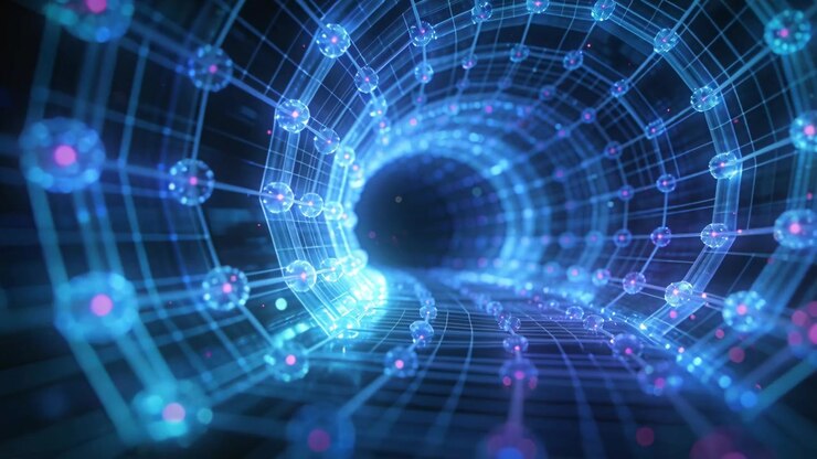Starting camera moving through wireframe tunnel toward dark void in black space, nodes pulsing