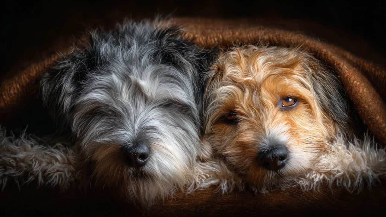Due adorabili cani rannicchiati insieme sotto una coperta accogliente, le loro espressioni serene riflettono comfort e legame in un ambiente intimo e caldo.