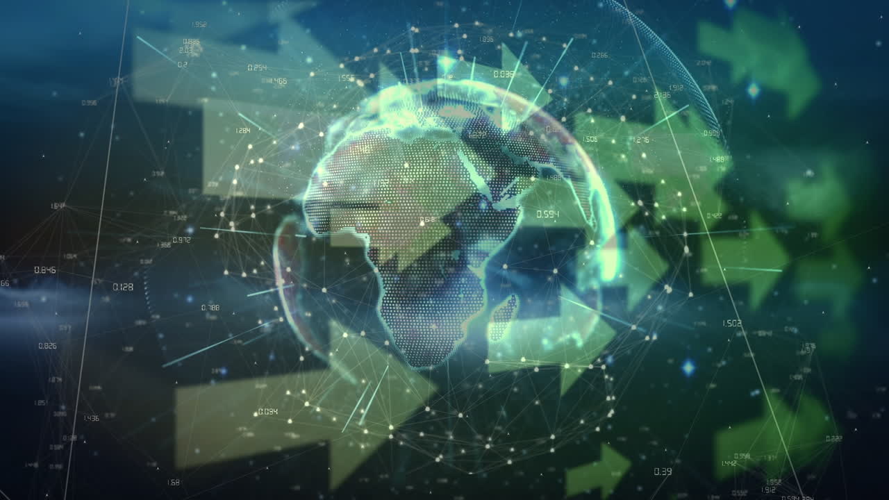 Animation of arrows, lights and globe rotating in green space