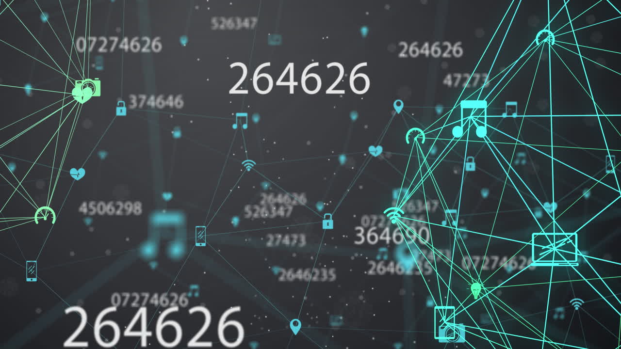 Multiple numbers changing against network of connections on black background