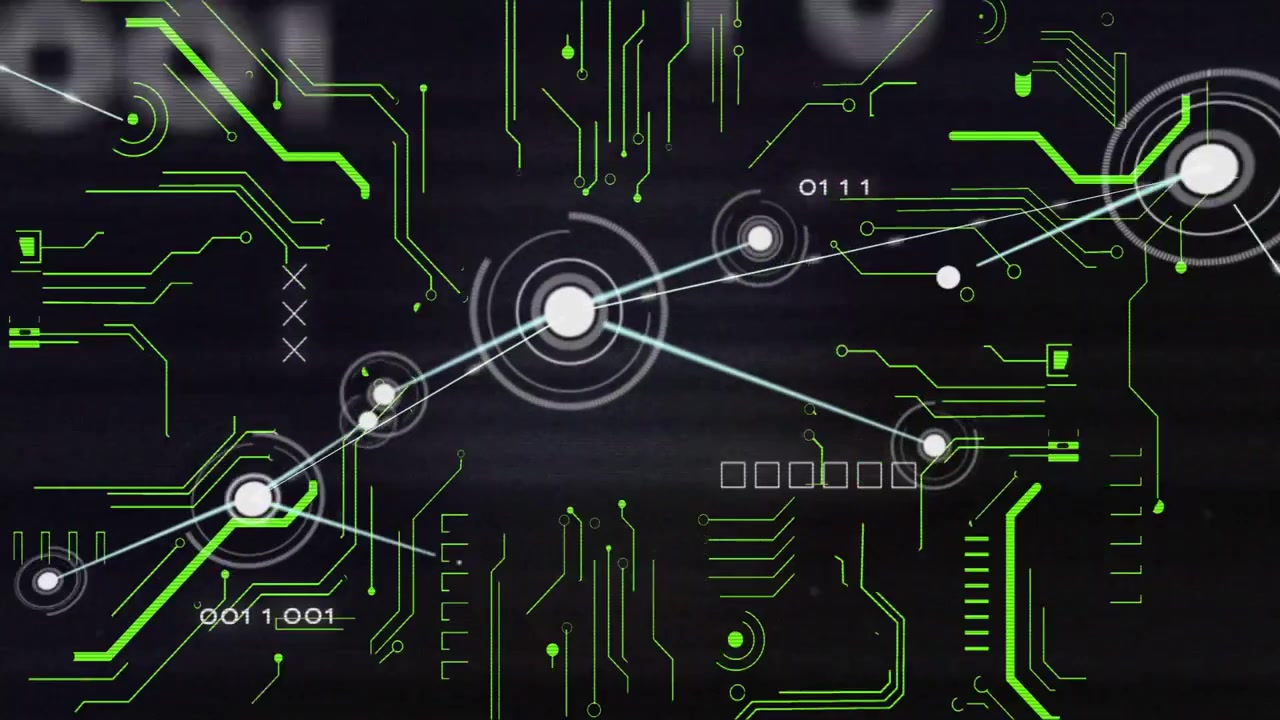Schematic network opening on tech UI, central node emitting rings, green traces forming data flow