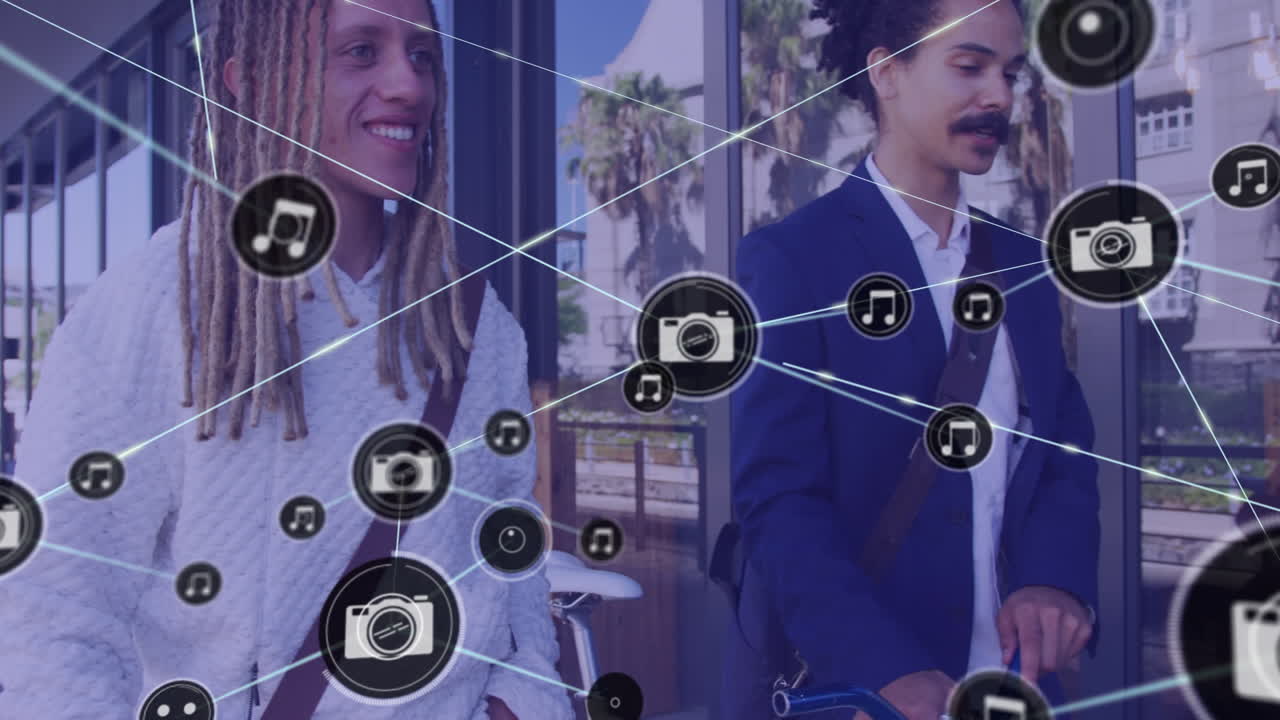 거리에서 걸어가는 사업가들에 대한 연결망의 애니메이션