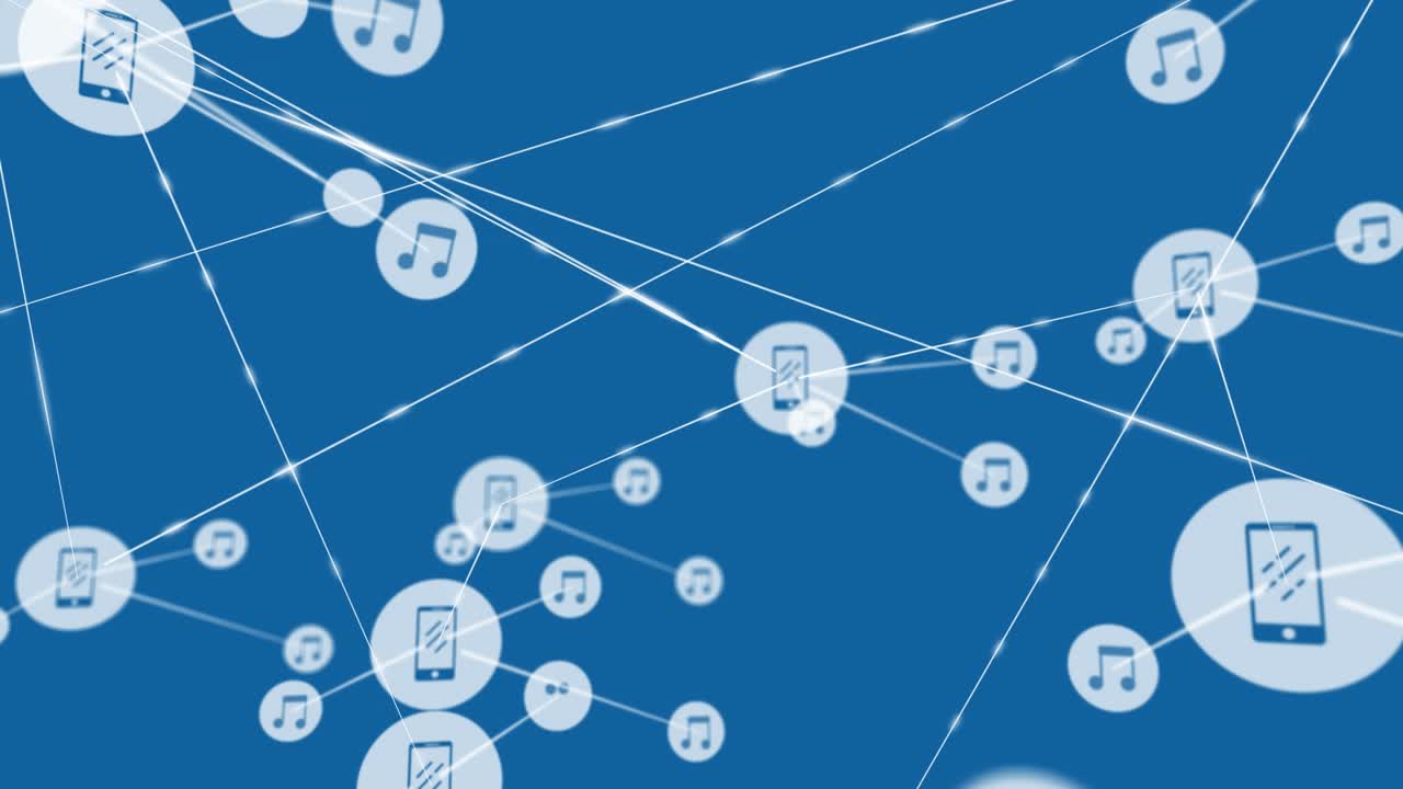 Animation of network of connections with icons over purple shapes on blue background