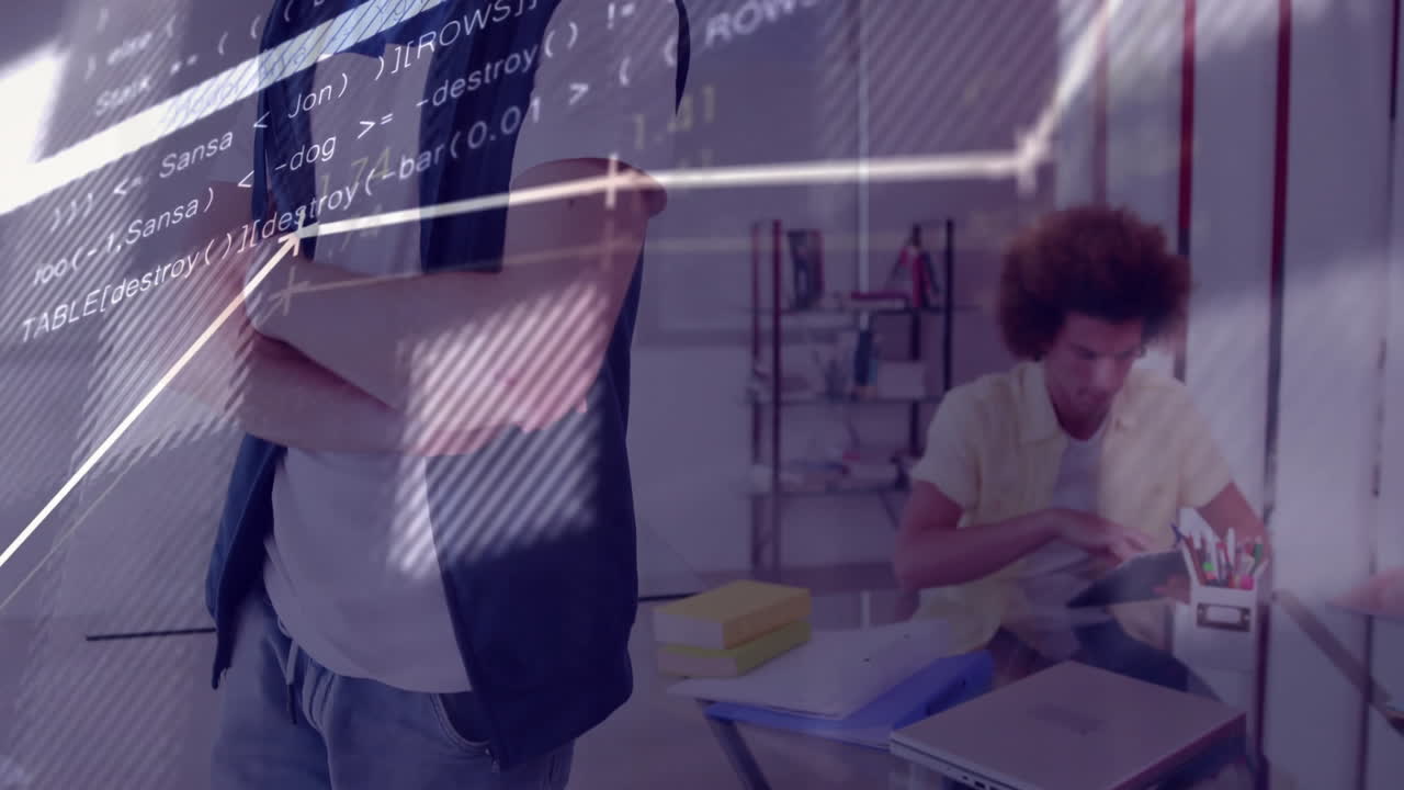 Two male coworkers coding in tech office, showing translucent code snippets and rising graph
