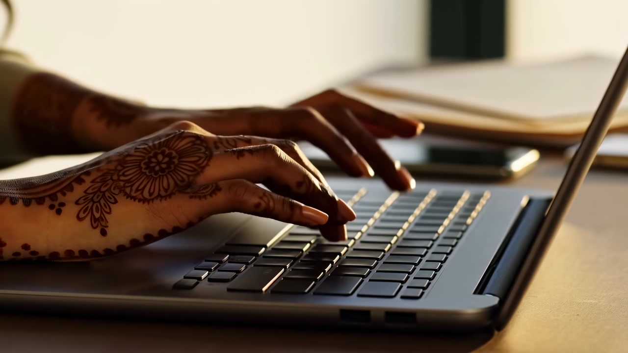 Henna Hands Typing On Laptop, Warm Backlight, Closeup Keyboard Focus, Smartphone And Notebook Blurred, Calm