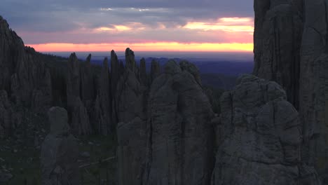 Aerial,-unique-granite-peaks-geological-structure-in-Custer-State-Park-in-South-Dakota-during-sunset