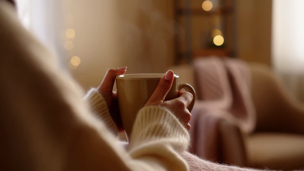 Primo piano di mani che tengono una tazza calda fumante in una casa accogliente