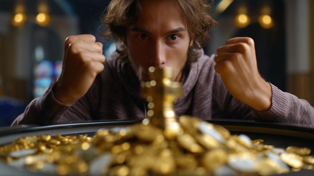 Il momento di un vincitore: un uomo che celebra la sua fortuna con gioia esuberante, i pugni stretti per l'eccitazione, circondato da una pila di monete d'oro lucenti e una croce.