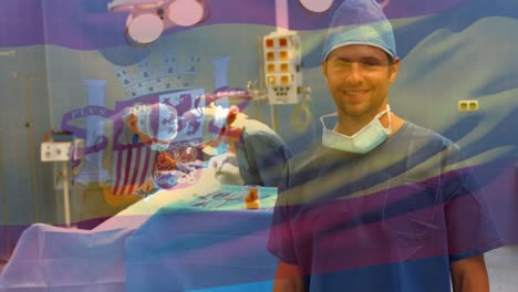 animation of flag of spain waving over surgeons in operating theatre