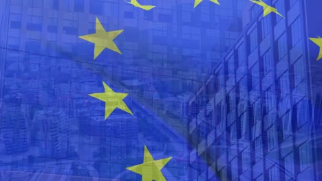 Composite-video-of-european-union-flag-waving-against-tall-buildings