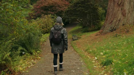 Mujer-Excursionista-Disfruta-De-Caminar-En-El-Hermoso-Bosque-Del-Jardín-Botánico-De-Otoño