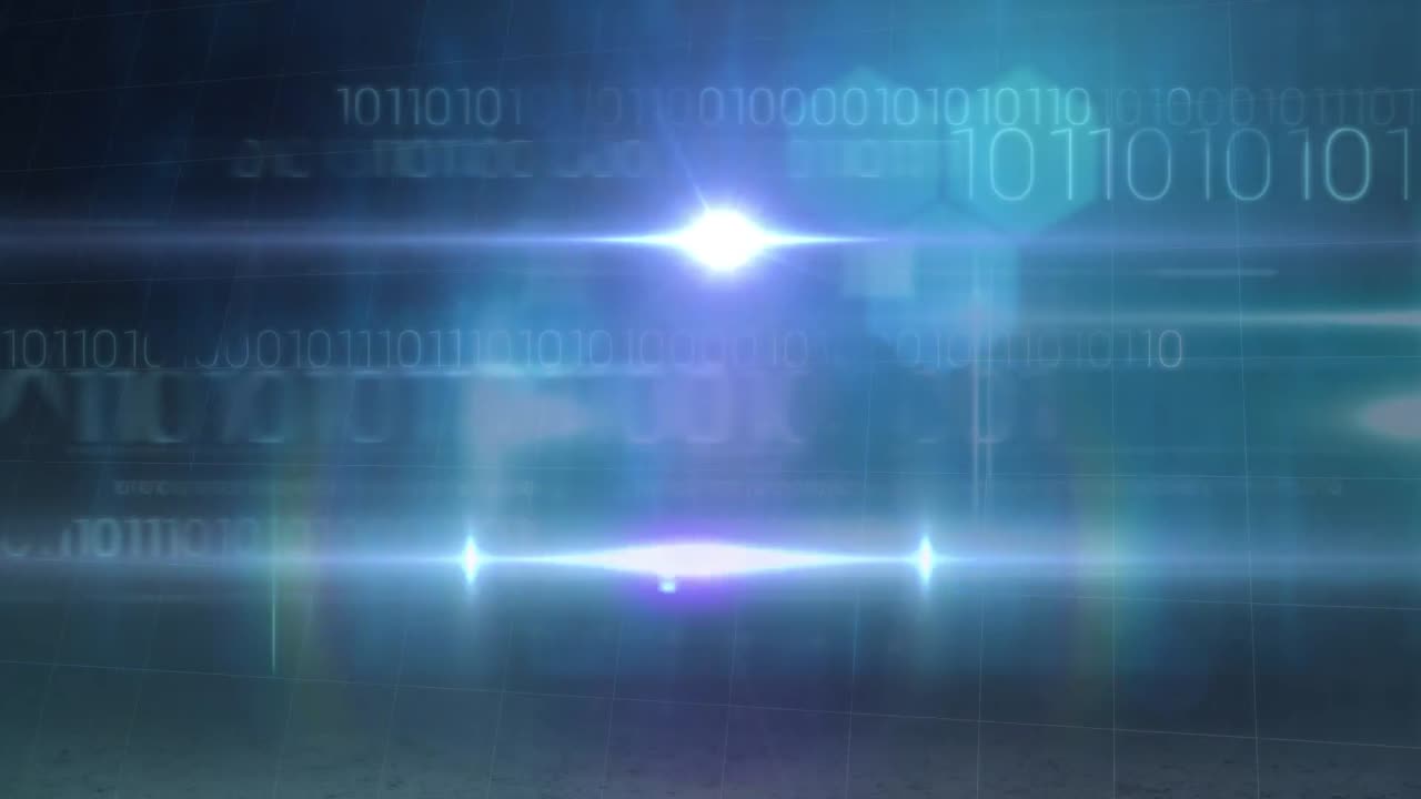 반 ⁇ 이는 모니터 라인의 애니메이션과 반 ⁇ 이는 배경 위의 바이너리 코딩 데이터 처리