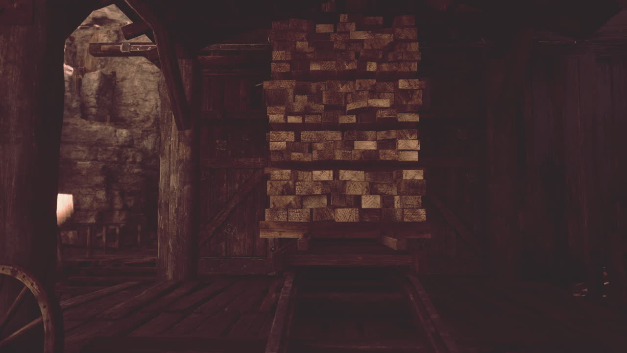 madera apilada en un almacén de madera rústico