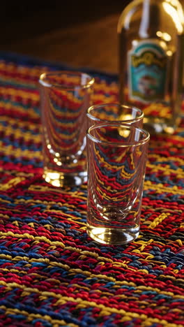three shots of rum on a colorful placemat