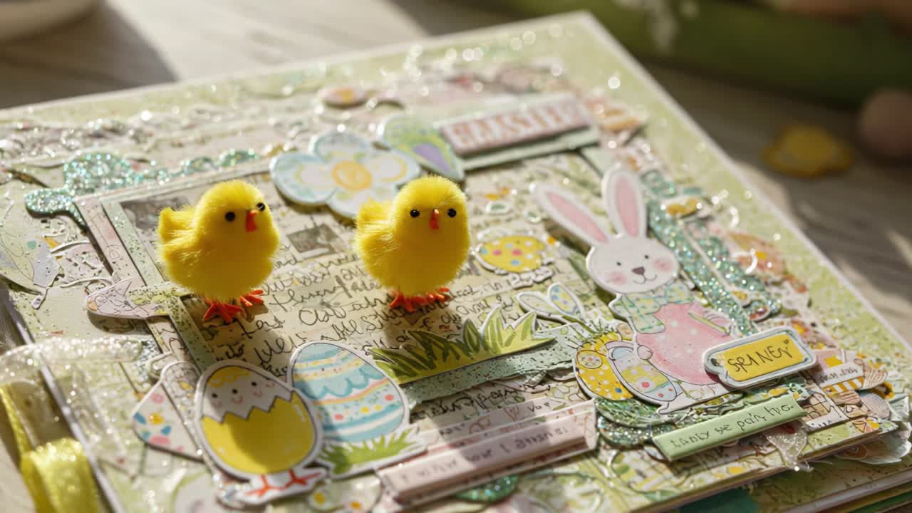 Delightful Spring-Themed Craft Layout Featuring Adorable Yellow Chicks, Colorful Easter Eggs, and a Charming Bunny in a Festive Setting