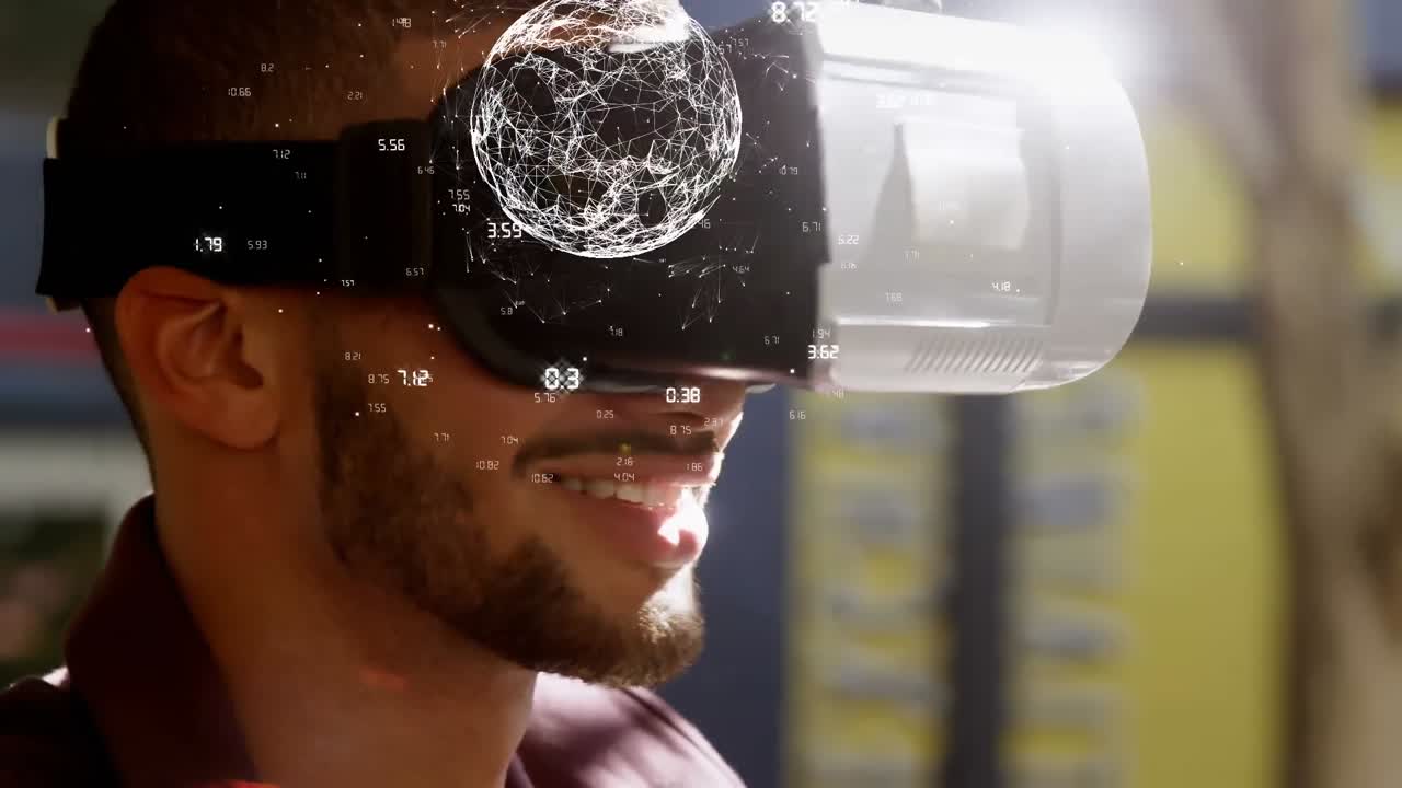 animación de la red de conexiones, globo y procesamiento de datos sobre el hombre en auriculares vr