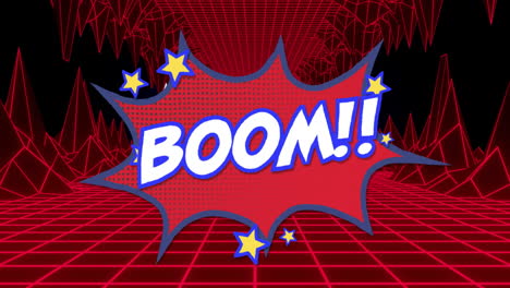 animation of boom!! text with stars on red grid background in comic style