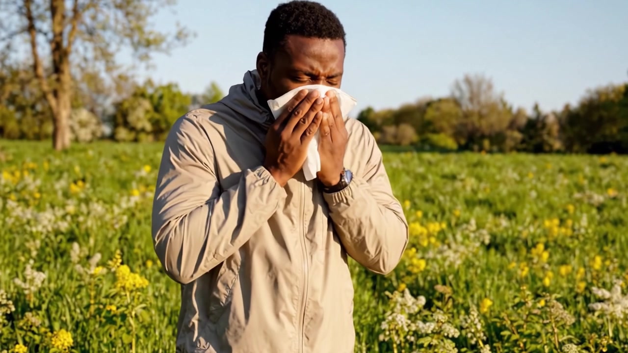 A young man in a light jacket stands amidst a vibrant green field filled with wildflowers, showcasing a serene nature scene that transitions to a moment of discomfort.