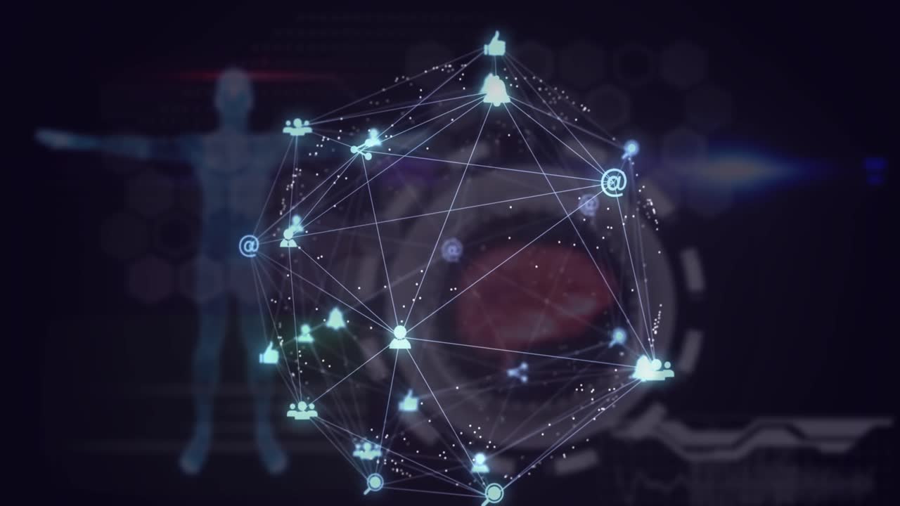 animación de un globo de iconos digitales a través de una interfaz digital con procesamiento de datos médicos