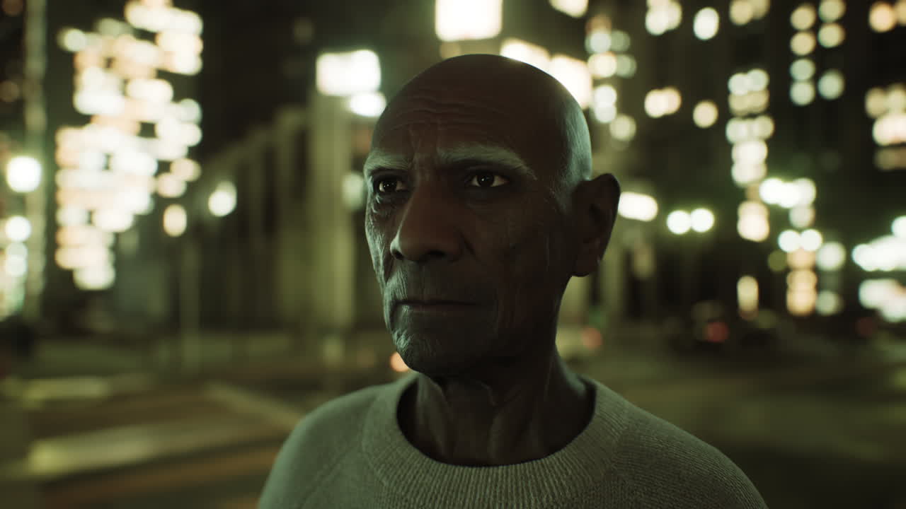 anciano asiático en la gran ciudad por la noche