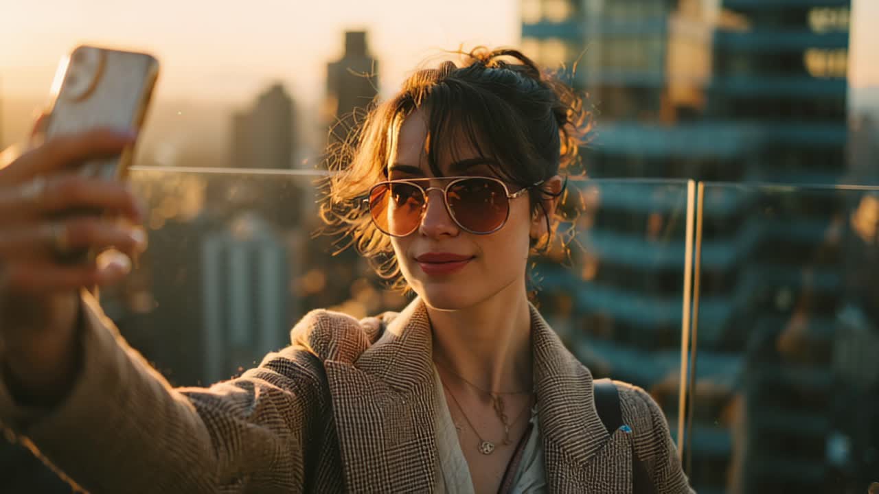 Footage of a stylish young woman wearing sunglasses taking a smartphone selfie on a rooftop terrace during golden hour, with modern city skyline blurred in background