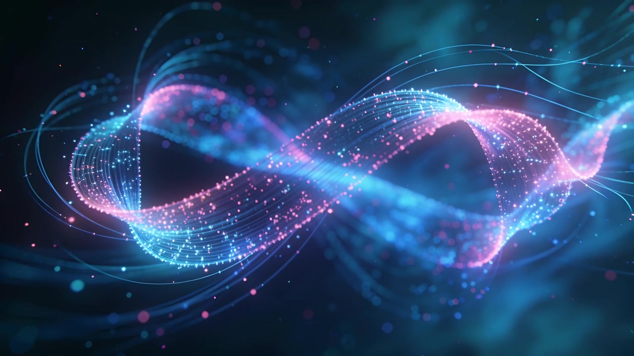 Starting sequence causing luminous double helix shifting, emitting orbs to intensify glow in space