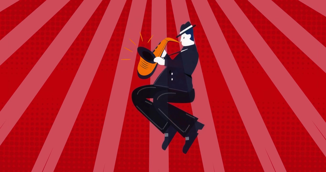 Apparendo su strisce rosse radiali; musicista jazz che suona un sassofono dorato, mostrando la musica tramite esplosioni arancioni