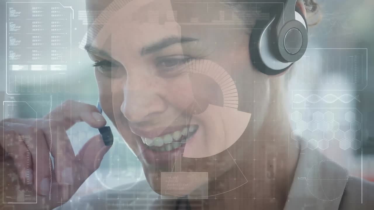 animación de la interfaz digital sobre una mujer de negocios usando auriculares de teléfono
