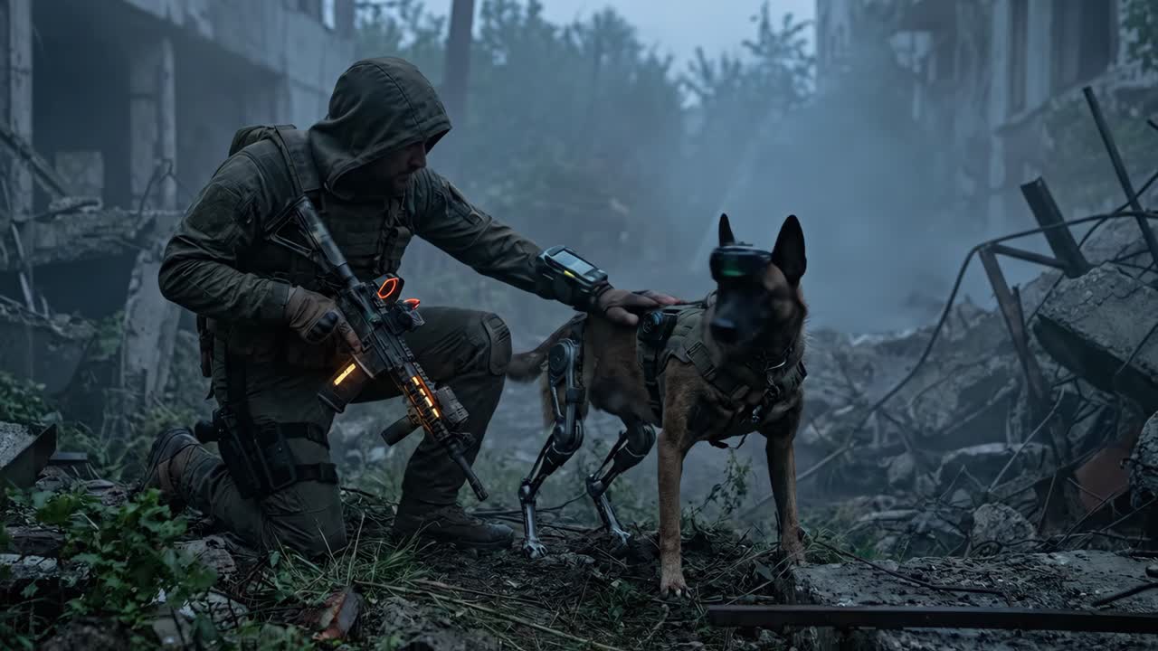 Soldado com cão cibernético patrulhando paisagem urbana destruída