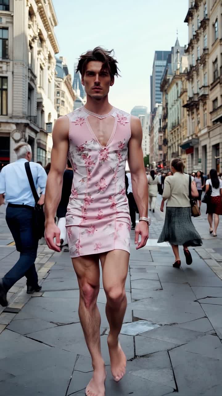 hombre con un vestido floral rosa