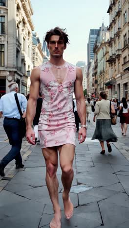 hombre con un vestido floral rosa
