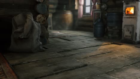 dark interior of retro log house
