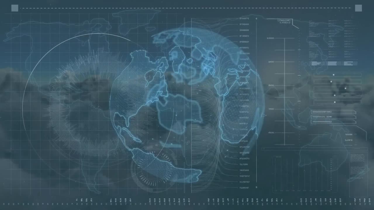 Animation of globe and data processing over sky