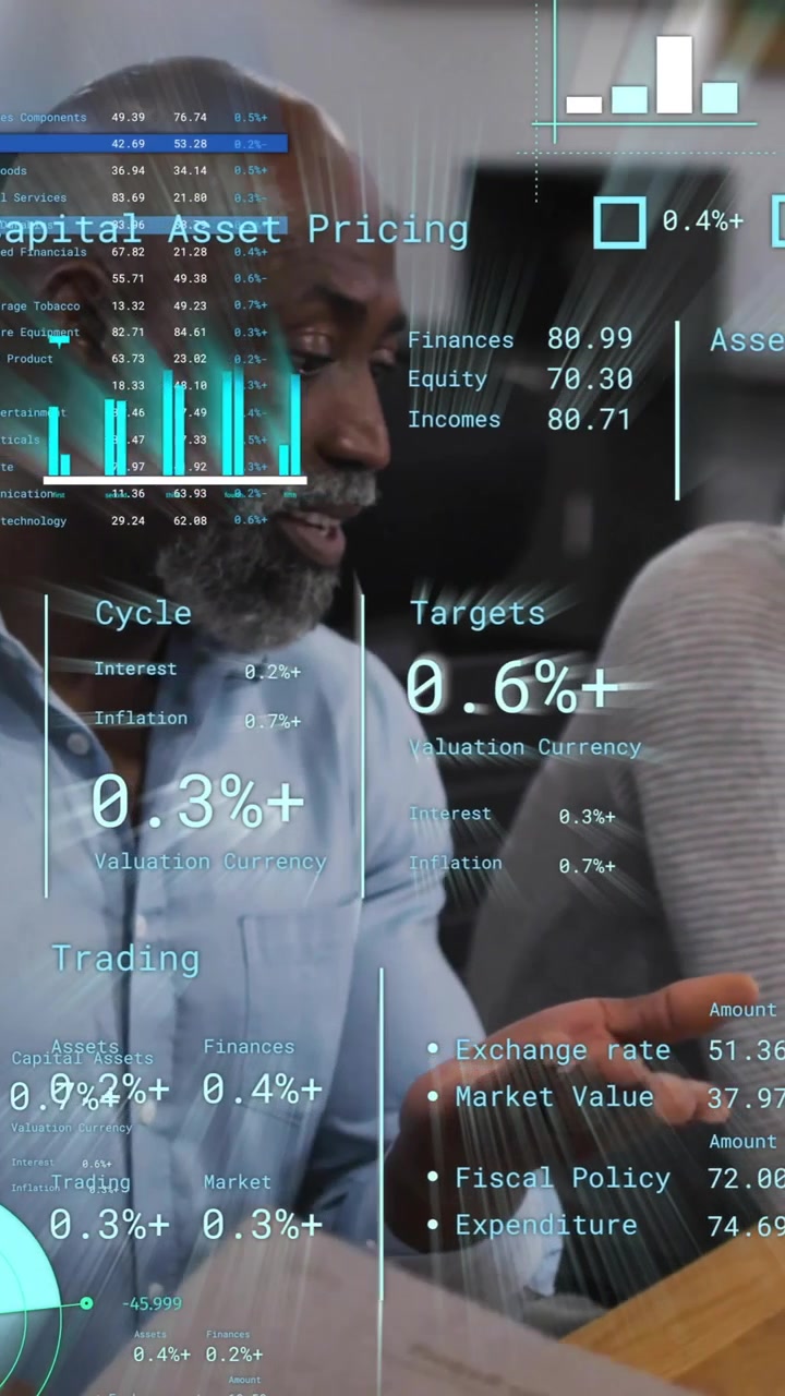 Animation of financial data processing over diverse business people in office