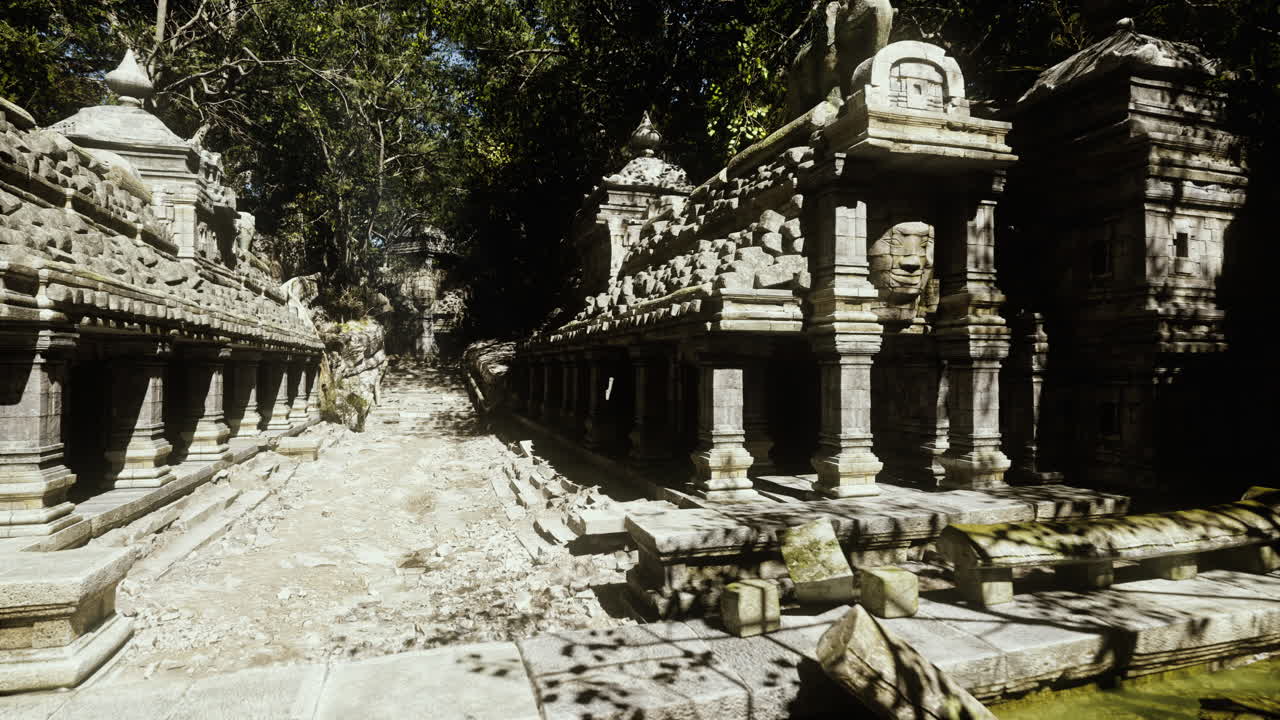 Old mysterious corridors glowing with sunlight and carved patterns