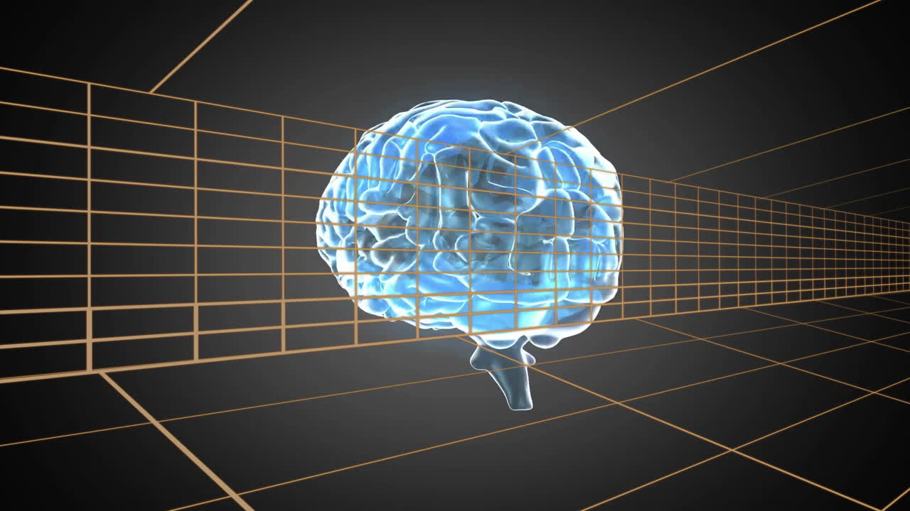 Animation of glowing brain with grid lines illustrating digital neural network