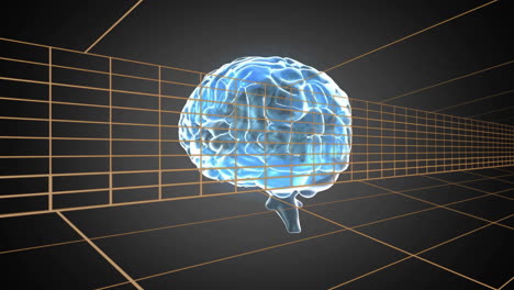 animation of glowing brain with grid lines illustrating digital neural network