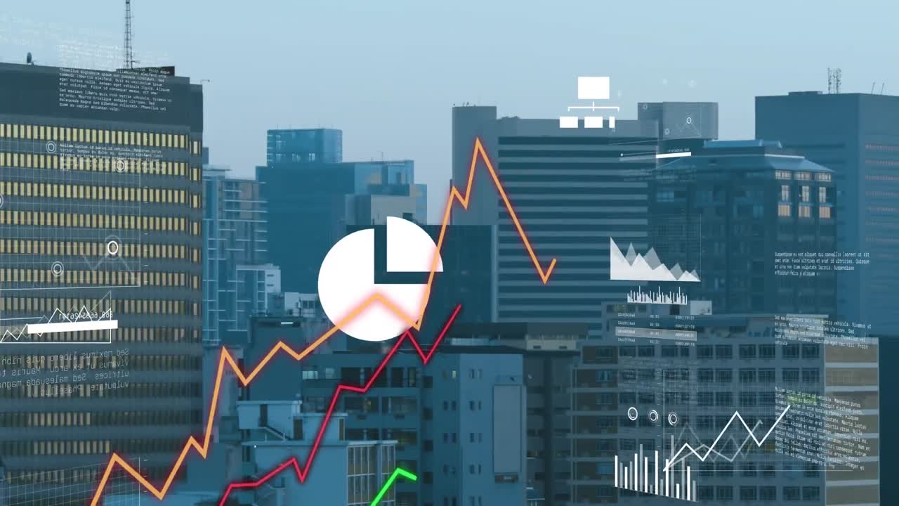 Animation of statistical data processsing and digital icons against ...