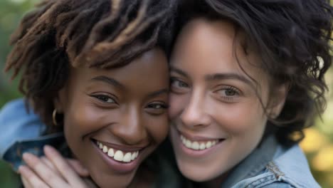 young women with warm connection embracing, sharing genuine smile and eye contact, representing friendship, joy, and diverse millennial bond amid autumn park setting