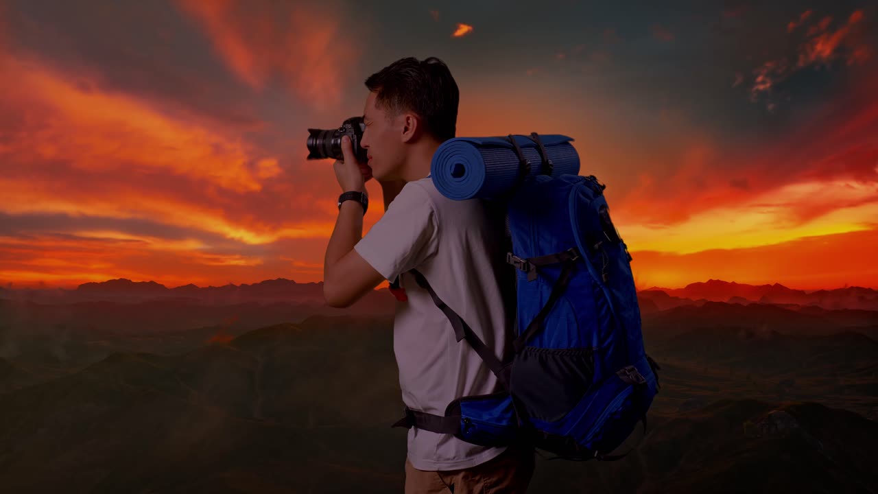 fotógrafo caminando al atardecer en las montañas
