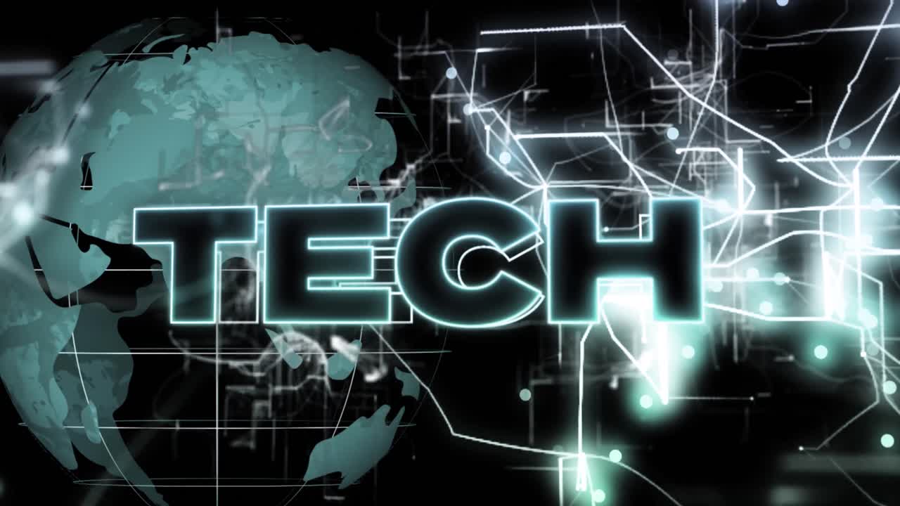 Animation of tech text over globe on black background