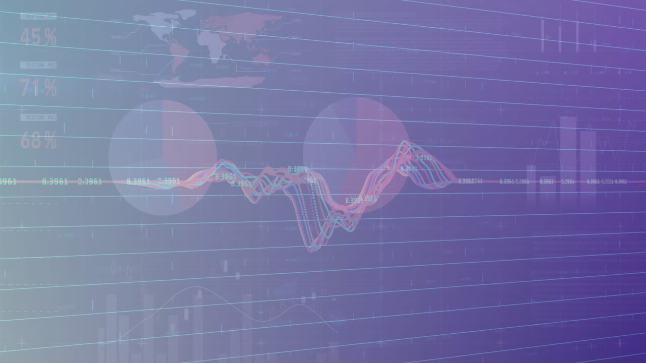 Animation of financial data processing over blue background