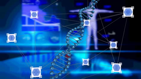 network of digital icons and dna structure spinning against medical data processing